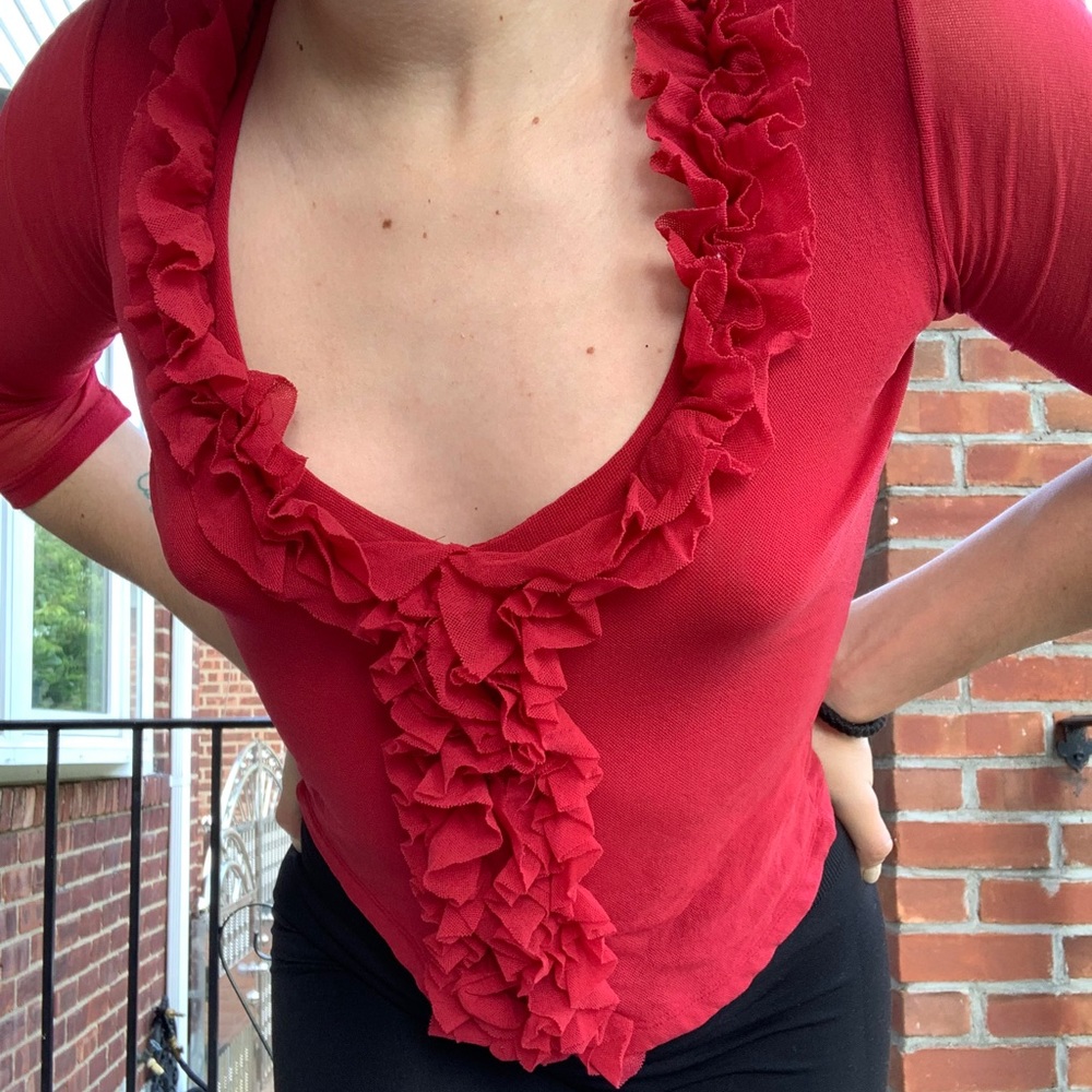 Vintage Red Mesh Ruffled Blouse - Size S - Picture 7 of 9